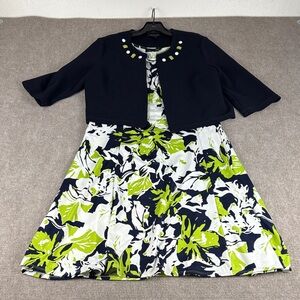 Perceptions NY Navy/Green Floral 2 Piece Cropped Jacket Midi Dress Size L